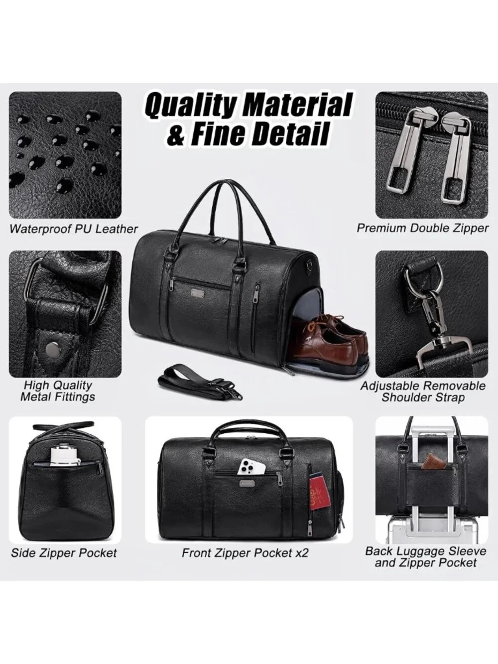 Spacious Faux Leather Travel Duffel Bag with Shoe Compartment & Toiletry Bag